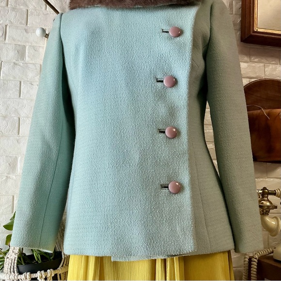 Vintage 1960 Blue Fur Collar Mod Side Button Jacket - Picture 4 of 13